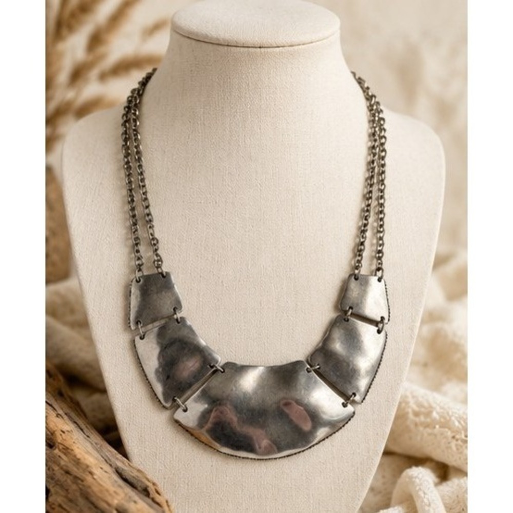 Chico's HUGE Silver Tone Metal Statement Bib Necklace Doubleā Chain 12 + 4"